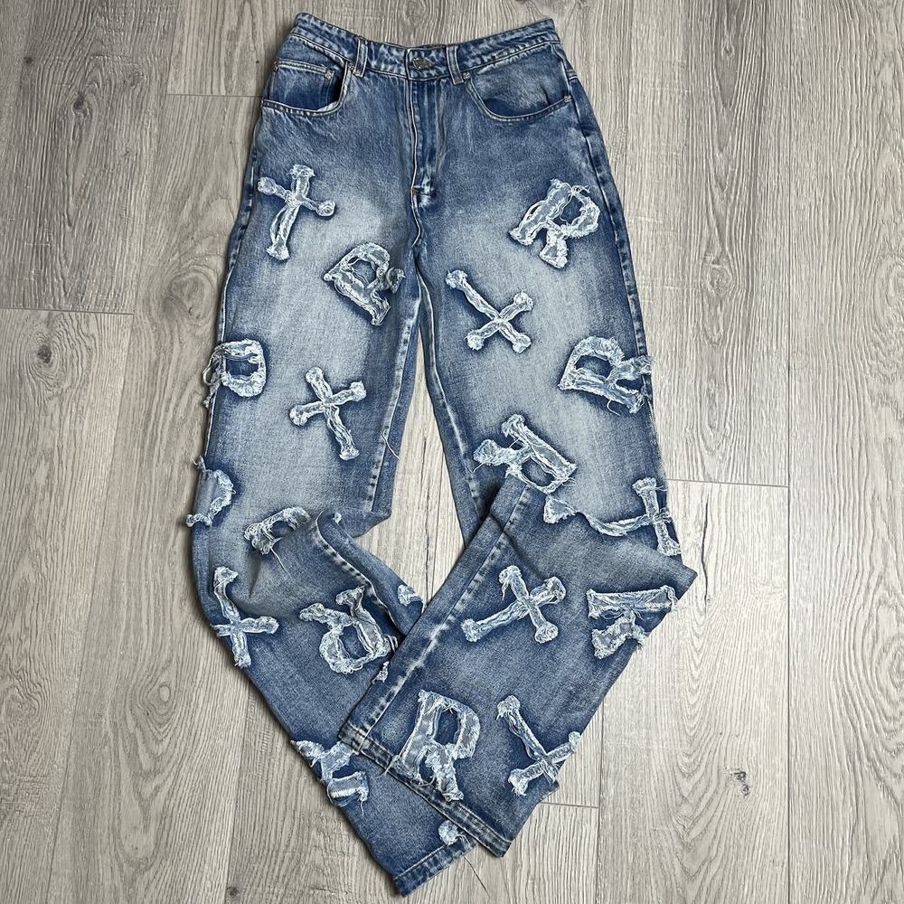 Racer Worldwide Jeans Womens 28 Denim‎ Straight Leg Letter Cross Patch Y2K Goth
